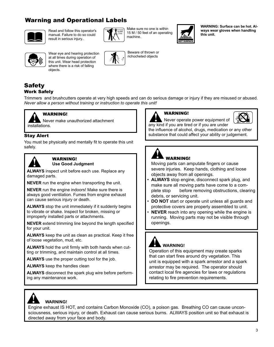 Warning and operational labels, Safety | Shindaiwa X7502831200 User Manual | Page 3 / 28