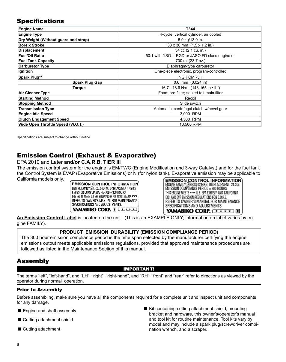 Specifications, Assembly, Emission control (exhaust & evaporative) | Shindaiwa X7502831200 User Manual | Page 6 / 28