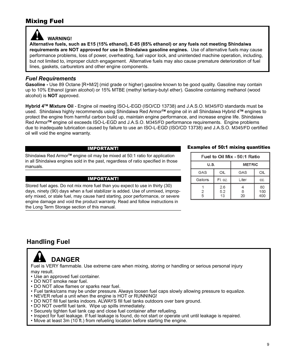 Handling fuel, Danger, Mixing fuel | Shindaiwa X7502831200 User Manual | Page 9 / 28