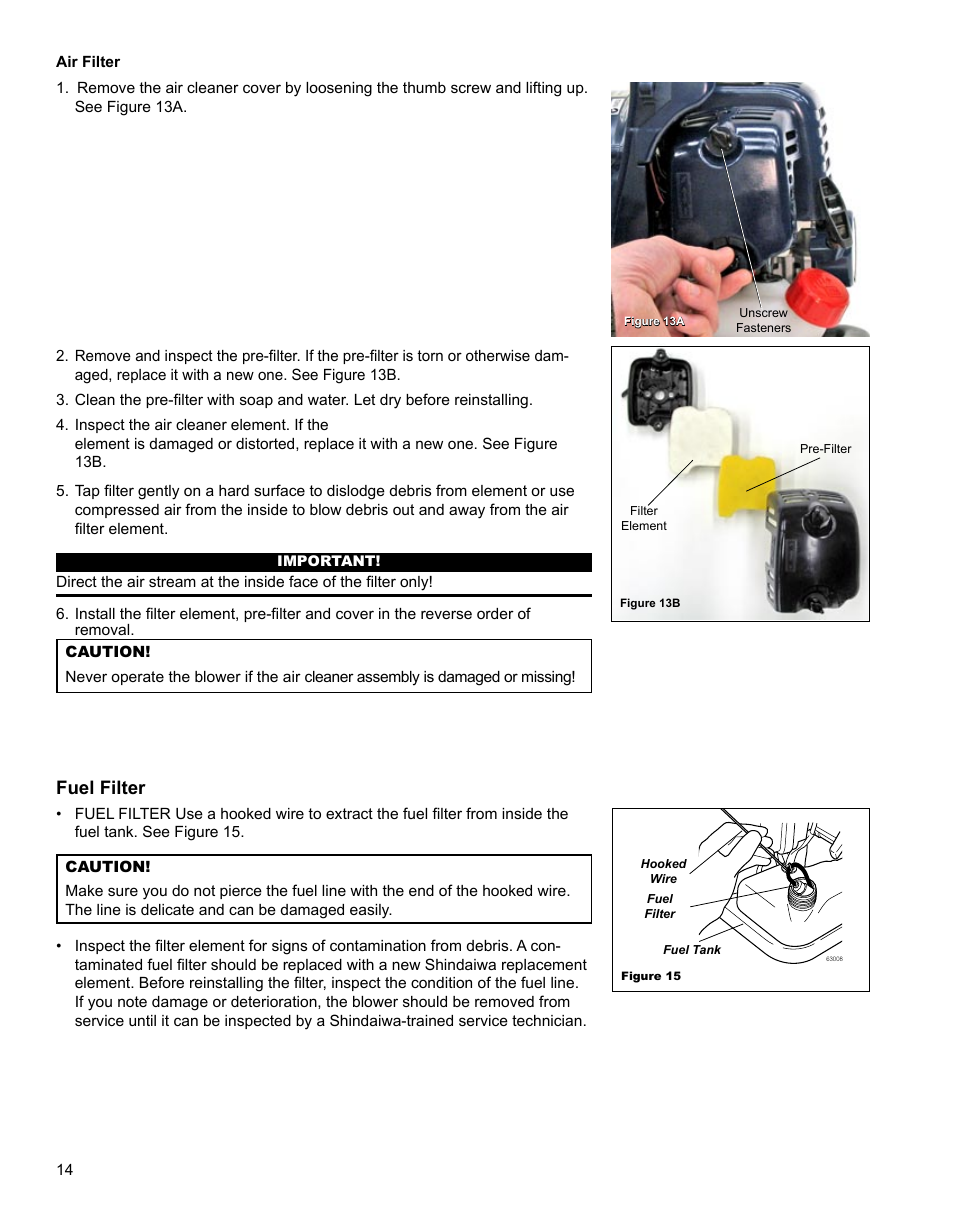 Operating blower, Fuel filter | Shindaiwa X7501920300 User Manual | Page 14 / 28