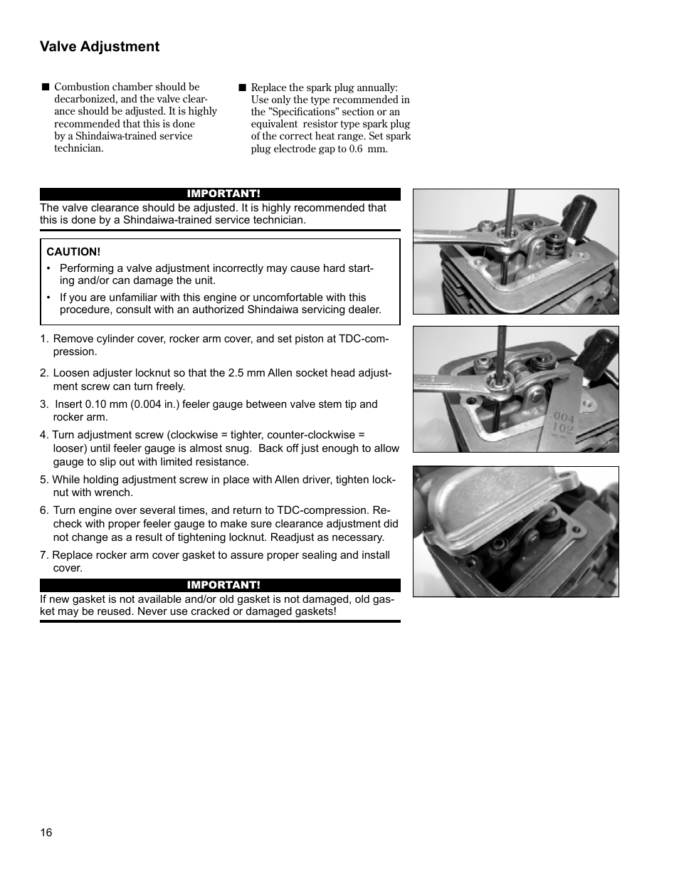 Air filter, Fuel filter, Valve adjustment | Shindaiwa X7501920300 User Manual | Page 16 / 28