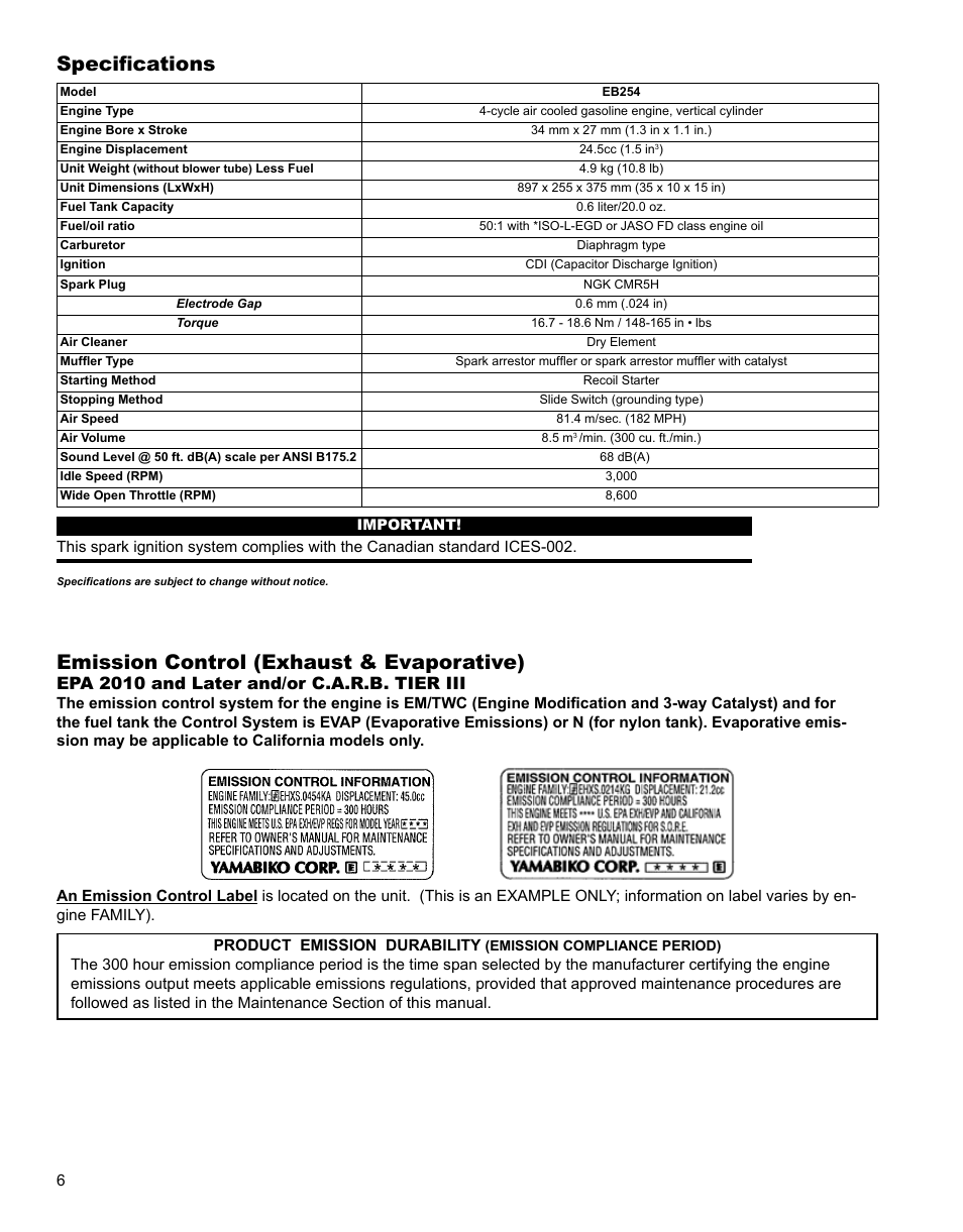 Emission control (exhaust & evaporative), Specifications, Epa 2010 and later and/or c.a.r.b. tier iii | Shindaiwa X7501920300 User Manual | Page 6 / 28