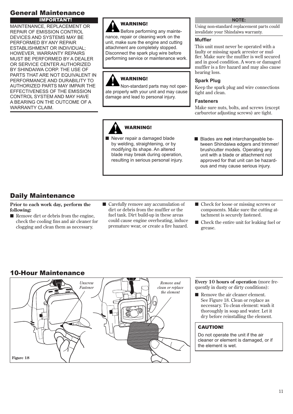 General maintenance, Daily maintenance, Hour maintenance | Shindaiwa LE242 User Manual | Page 11 / 36