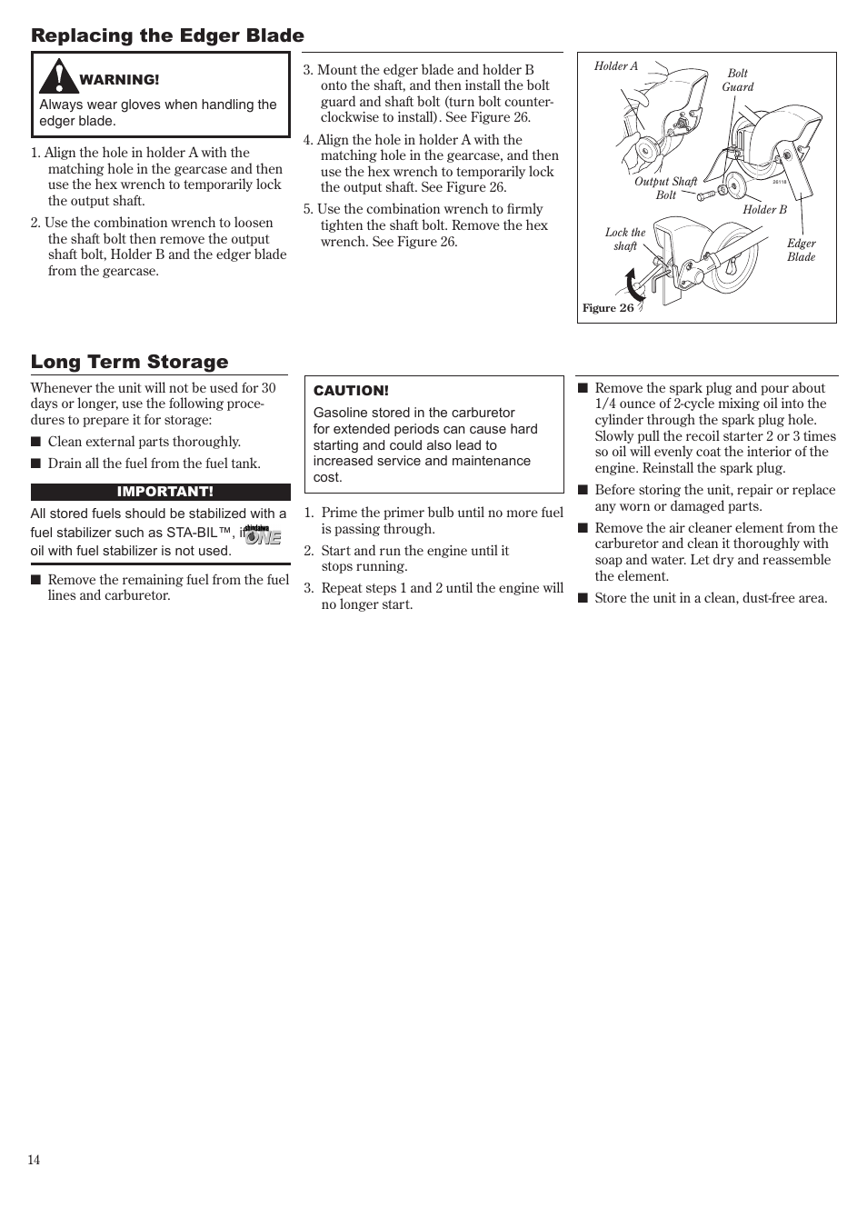 Long term storage, Replacing the edger blade | Shindaiwa LE242 User Manual | Page 14 / 36