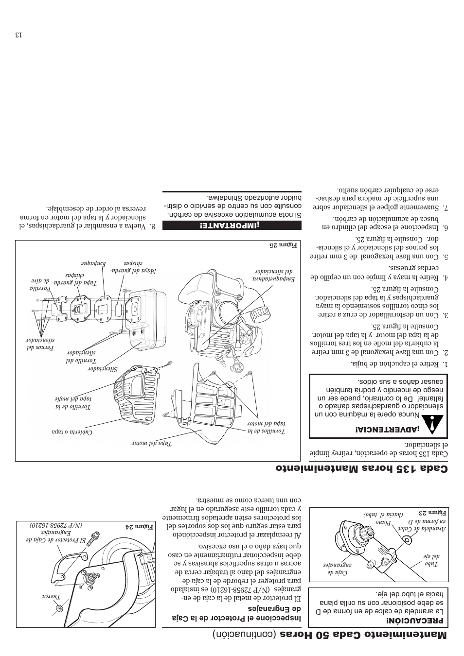 Mantenimiento cada 50 horas (continuación), Cada 135 horas mantenimiento | Shindaiwa LE242 User Manual | Page 24 / 36