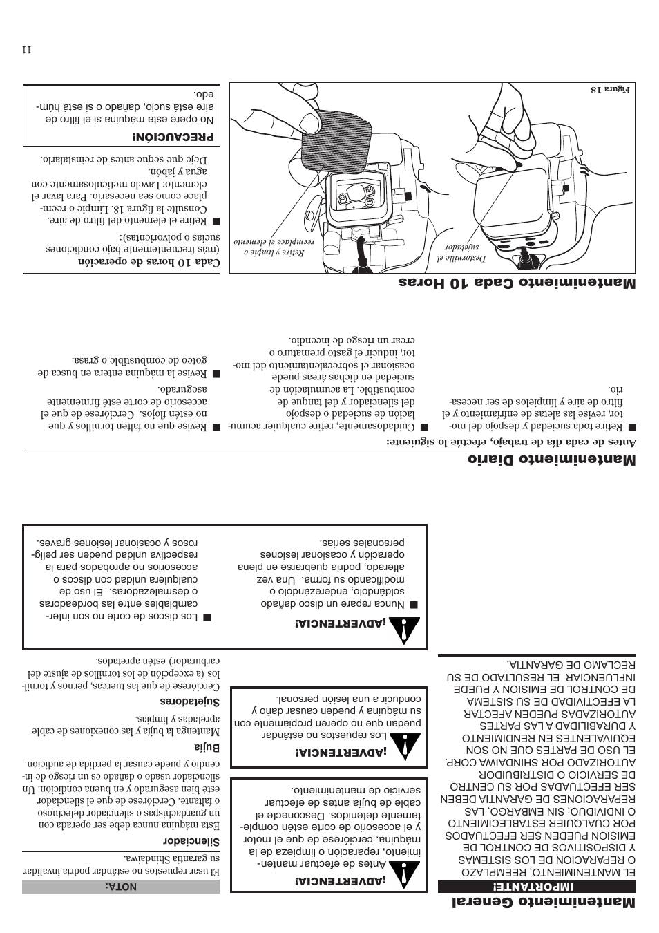 Mantenimiento diario, Mantenimiento cada 10 horas, Mantenimiento general | Shindaiwa LE242 User Manual | Page 26 / 36