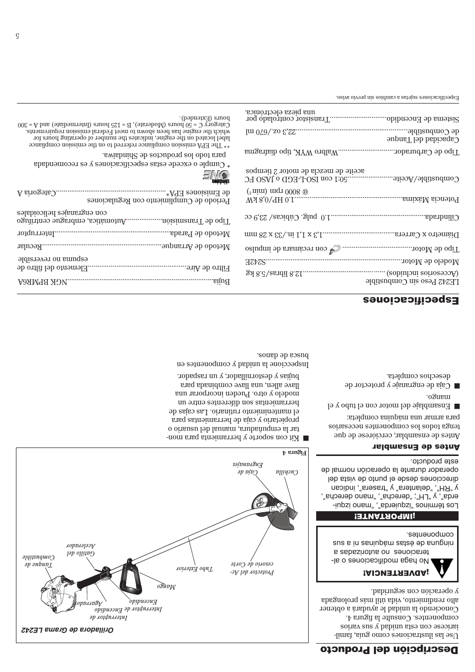 Des cri pci ón del p rod uct o, Especificaciones | Shindaiwa LE242 User Manual | Page 32 / 36