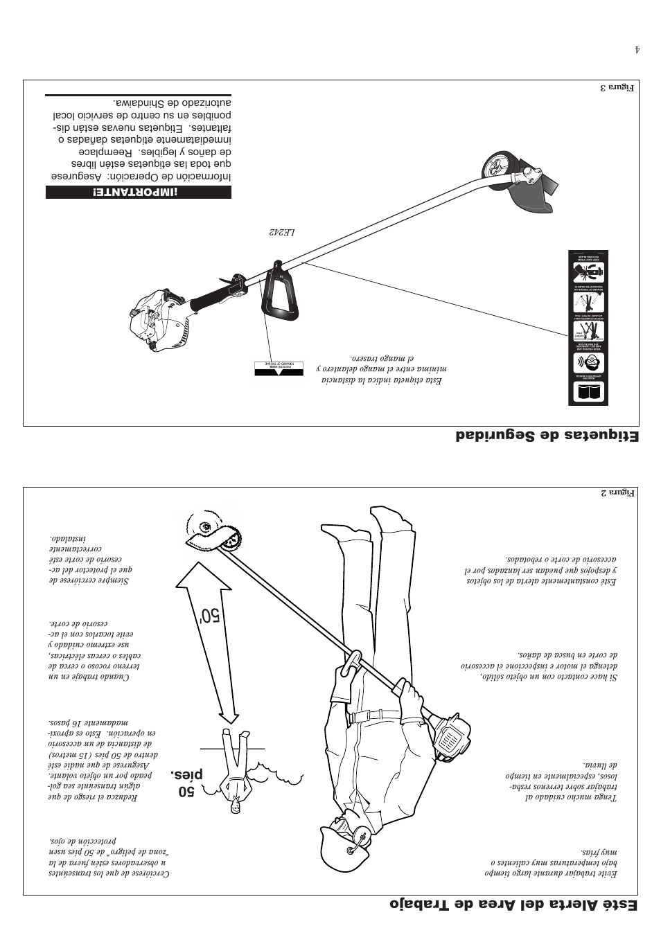 Etiquetas de seguridad, Esté alerta del ar ea de tra bajo, 50 píes | Shindaiwa LE242 User Manual | Page 33 / 36