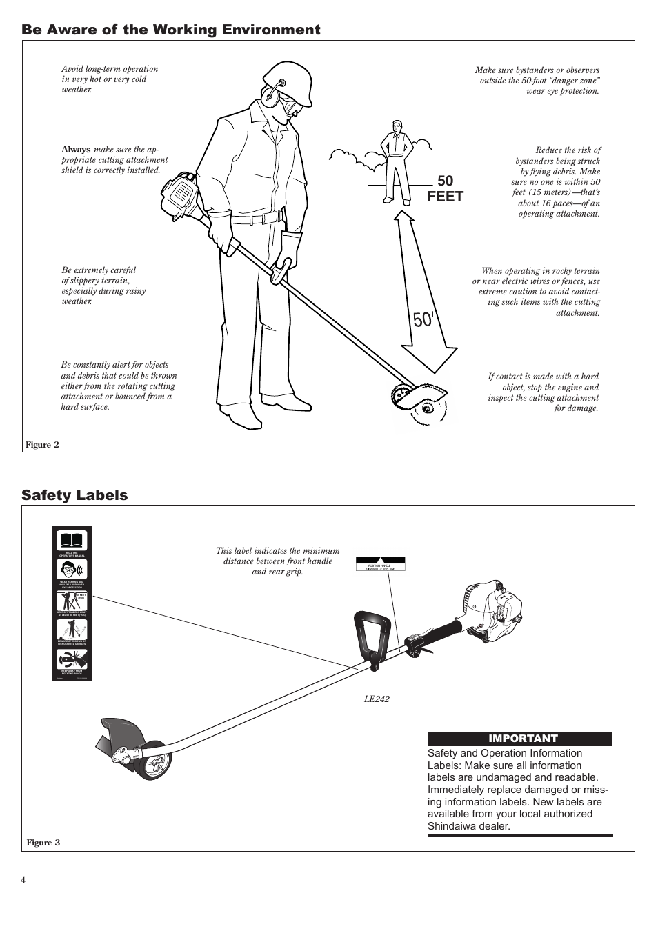 Safety labels, Be aware of the working environment, 50 feet | Shindaiwa LE242 User Manual | Page 4 / 36