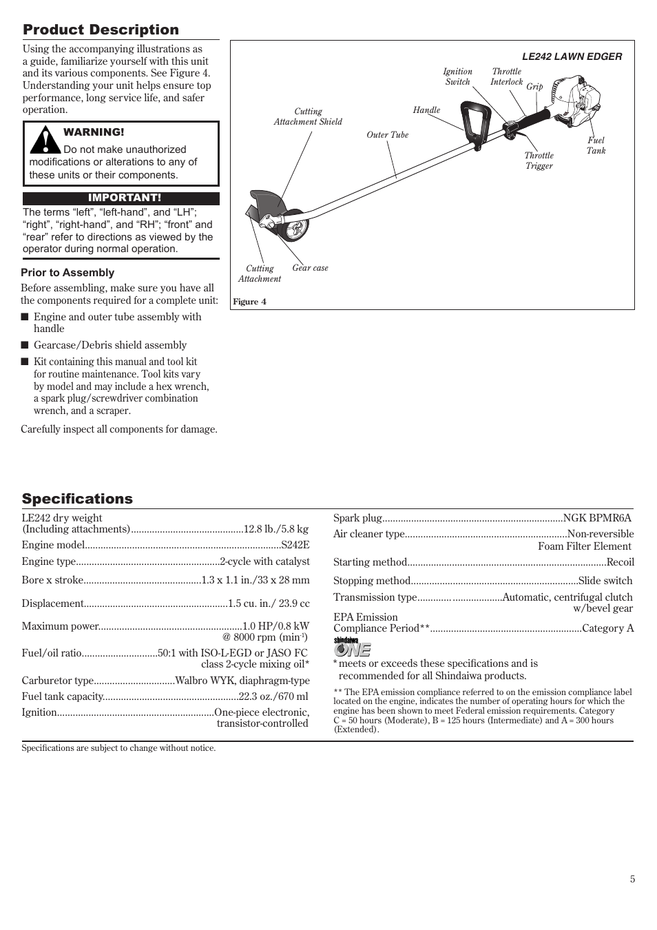 Product description, Specifications | Shindaiwa LE242 User Manual | Page 5 / 36