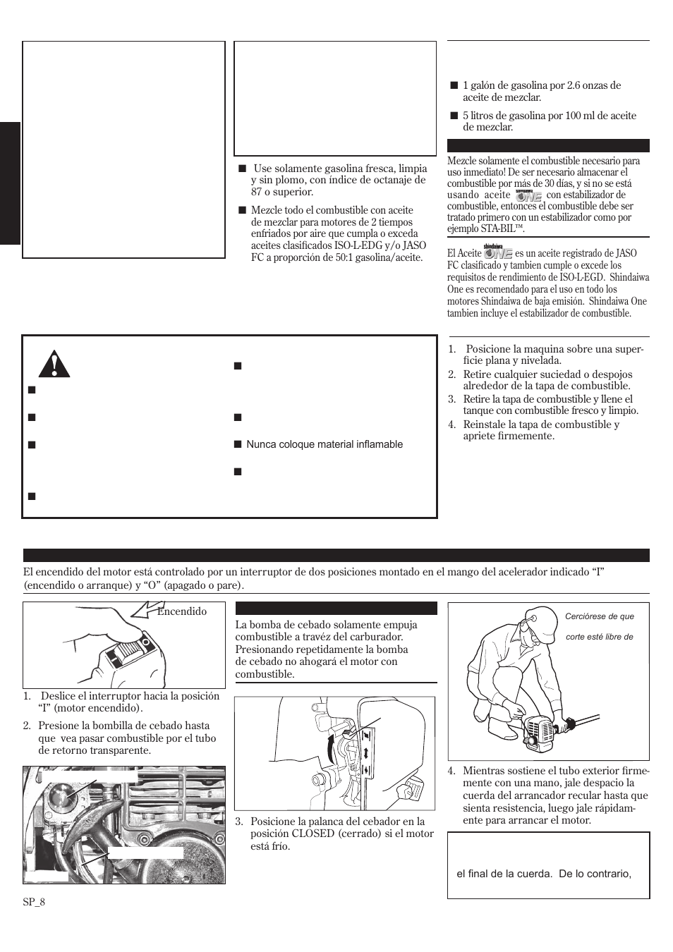 Arranque del motor, Mezcla de combustible, Llenando el tanque de combustible | Español | Shindaiwa F222 User Manual | Page 24 / 52