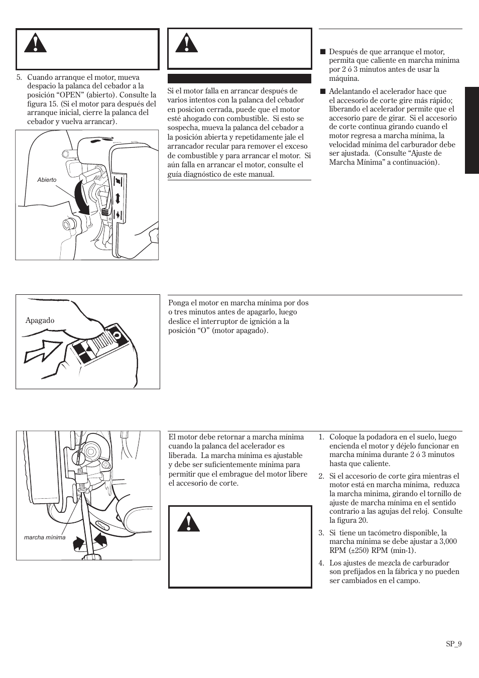 Arranque del motor (continuación), Parada del motor ajuste de marcha mínima del motor, Español | Shindaiwa F222 User Manual | Page 25 / 52