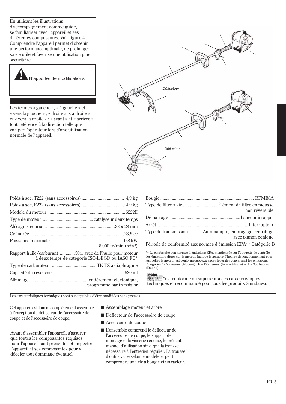 Nomenclature, Caractéristiques techniques, Fr ançais | Shindaiwa F222 User Manual | Page 37 / 52