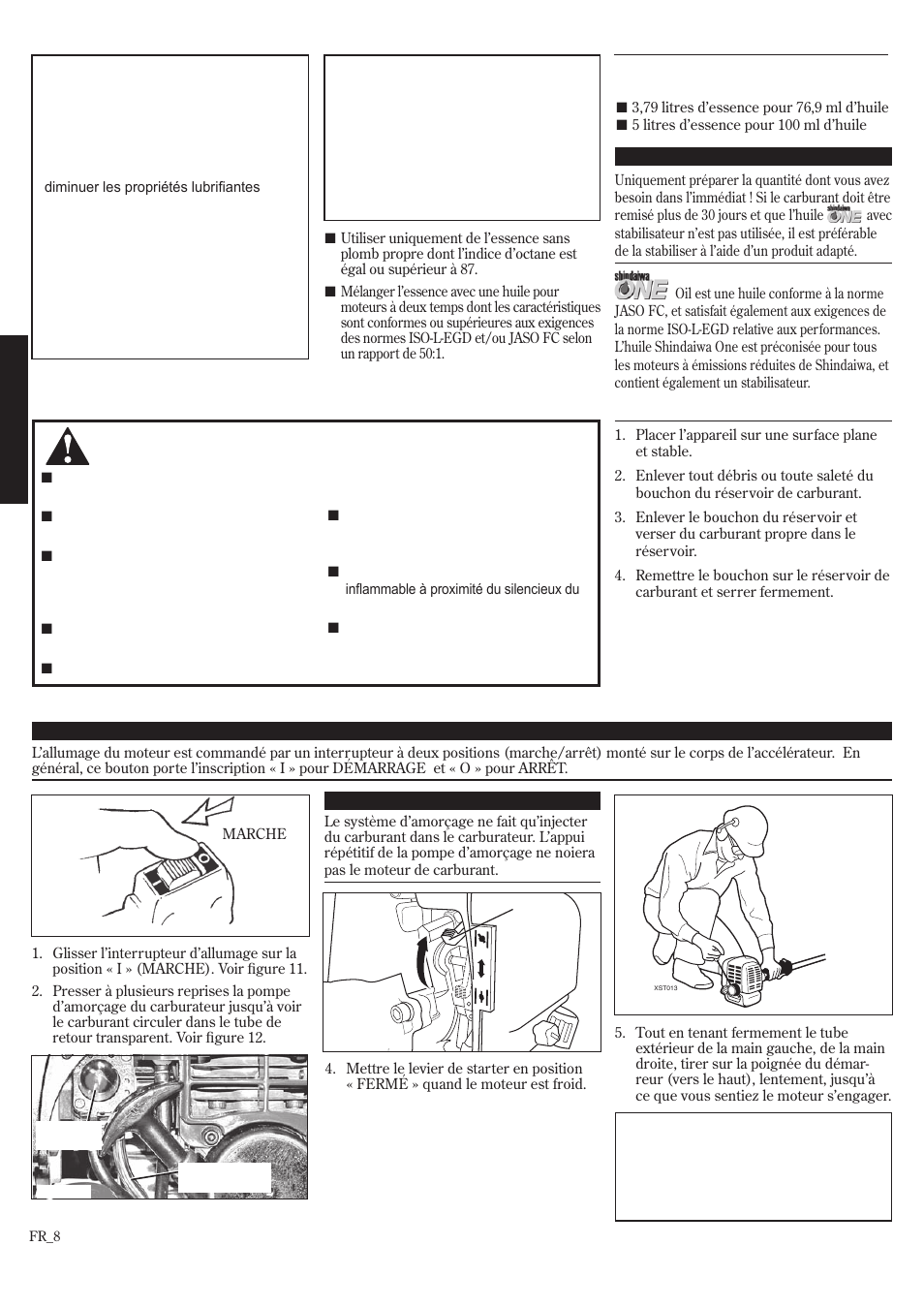 Démarrage du moteur, Mélange de carburant, Remplissage du réservoir à carburant | Fr ançais | Shindaiwa F222 User Manual | Page 40 / 52