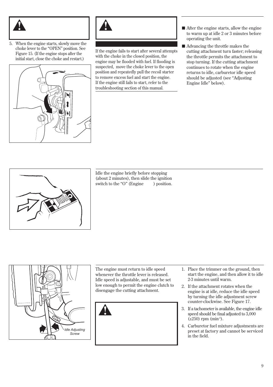 Starting the engine (continued), Stopping the engine adjusting engine idle | Shindaiwa F222 User Manual | Page 9 / 52