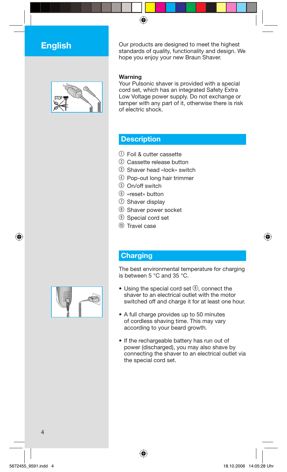English, Description 1, Charging | Braun 9591 User Manual | Page 4 / 19