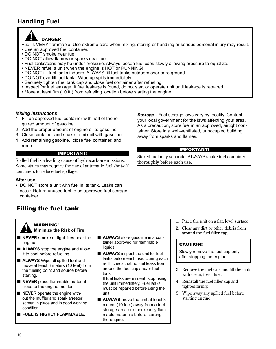 Handling fuel, Filling the fuel tank | Shindaiwa X7502872100 User Manual | Page 10 / 28