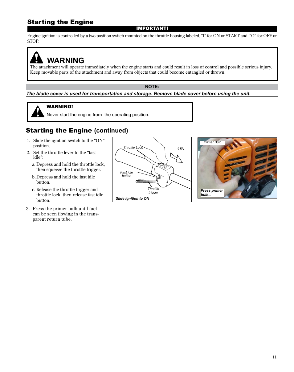 Warning, Starting the engine, Starting the engine (continued) | Shindaiwa X7502872100 User Manual | Page 11 / 28