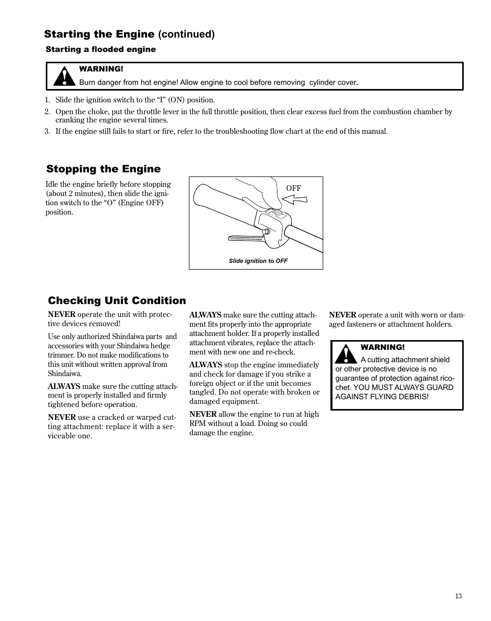 Checking unit condition, Stopping the engine, Starting the engine (continued) | Shindaiwa X7502872100 User Manual | Page 13 / 28