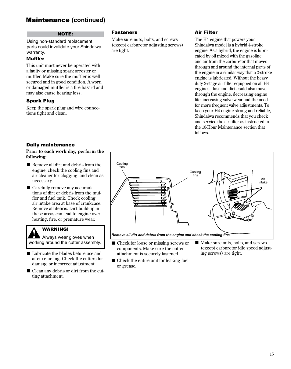 Maintenance (continued) | Shindaiwa X7502872100 User Manual | Page 15 / 28