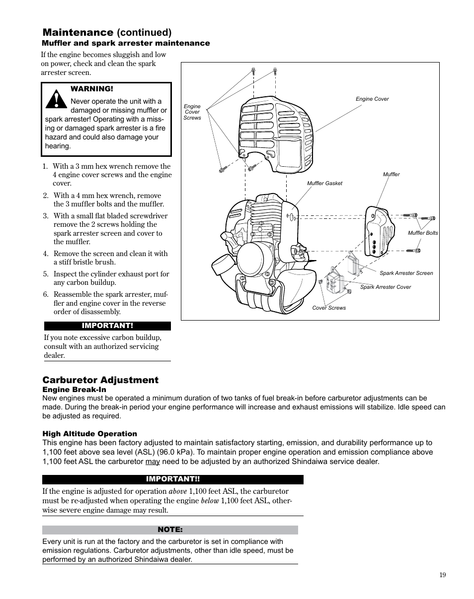 Maintenance (continued), Carburetor adjustment | Shindaiwa X7502872100 User Manual | Page 19 / 28