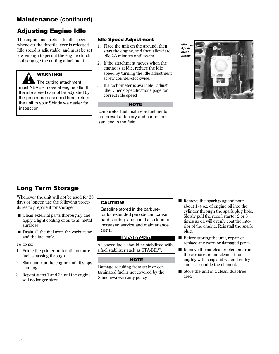 Adjusting engine idle, Maintenance (continued) long term storage | Shindaiwa X7502872100 User Manual | Page 20 / 28