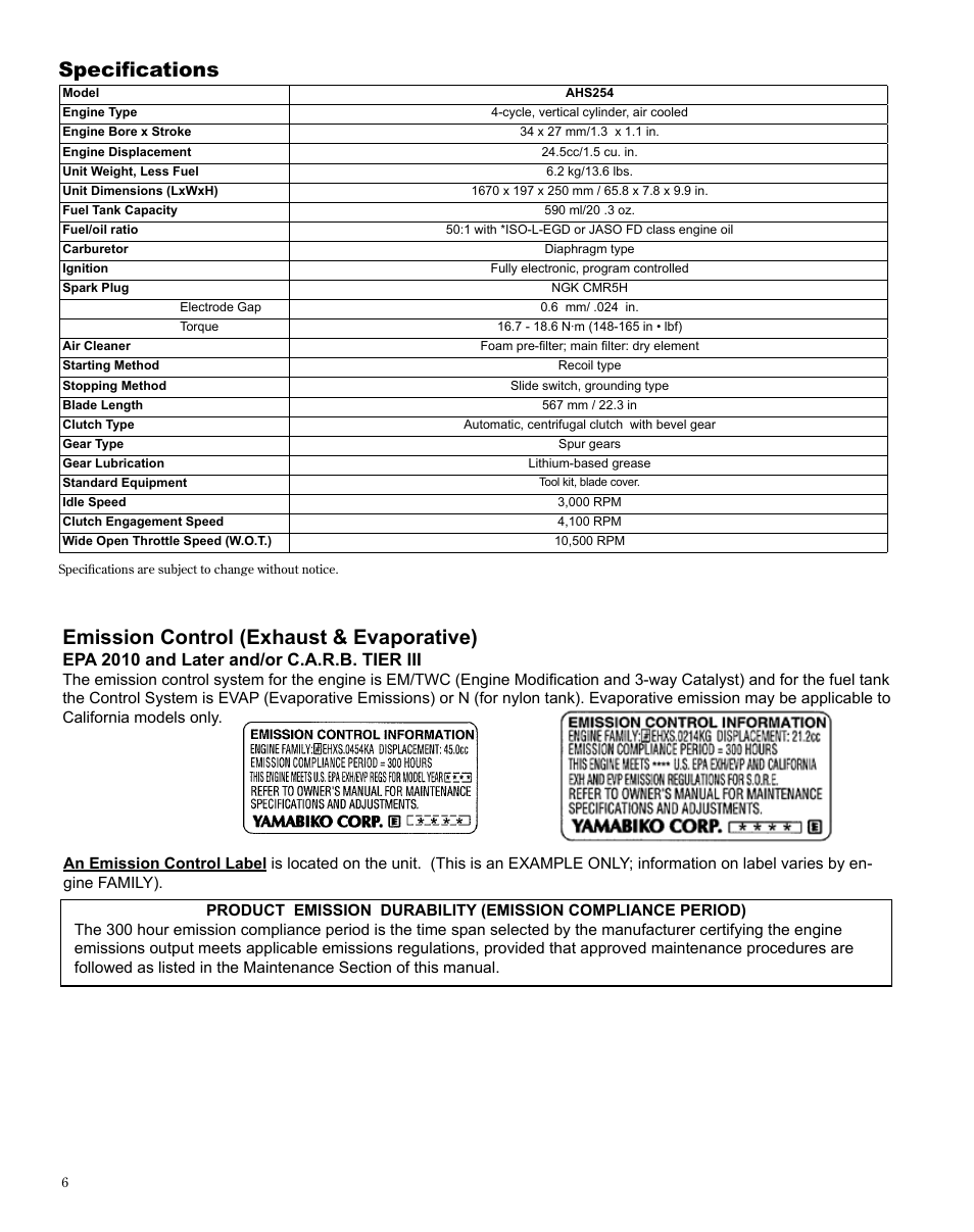 Specifications, Emission control (exhaust & evaporative), Epa 2010 and later and/or c.a.r.b. tier iii | Shindaiwa X7502872100 User Manual | Page 6 / 28