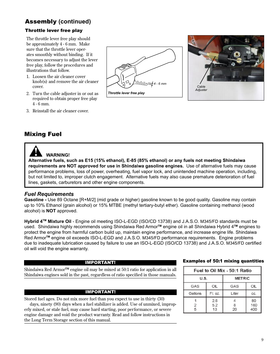 Assembly (continued), Mixing fuel, Fuel requirements | Shindaiwa X7502872100 User Manual | Page 9 / 28