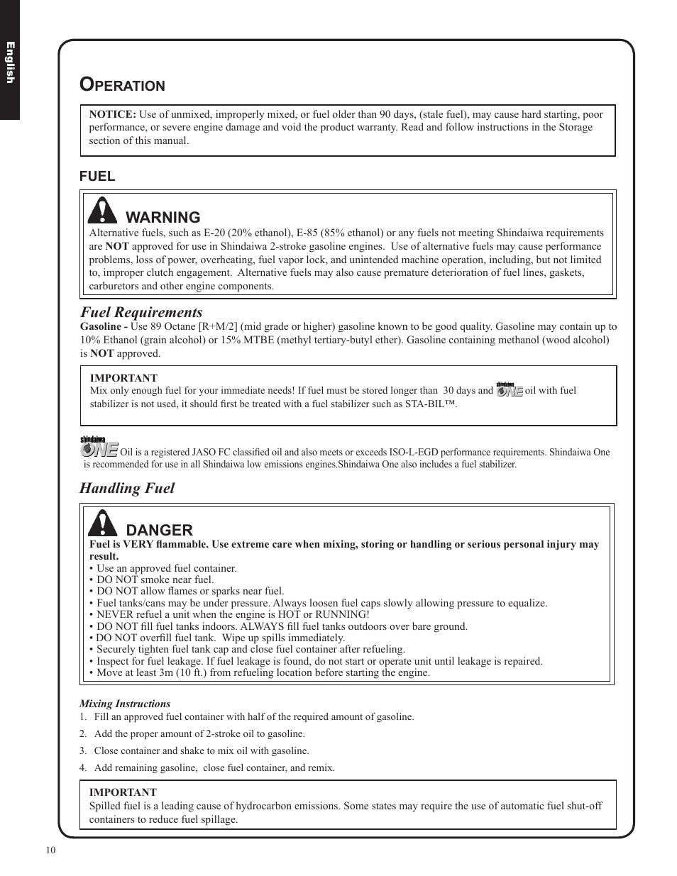 Warning, Fuel requirements, Handling fuel | Danger | Shindaiwa EB633RT User Manual | Page 10 / 72