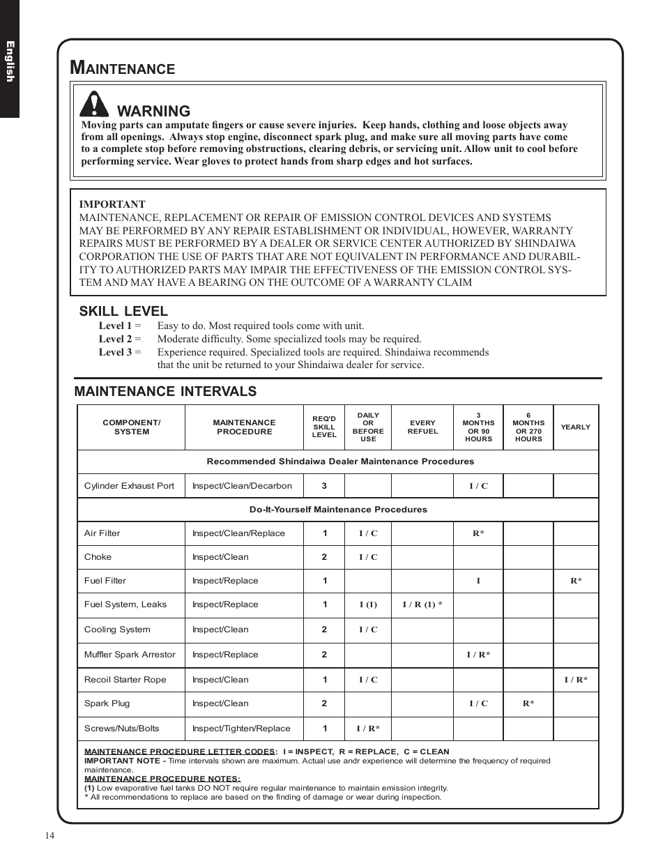 Warning, Maintenance, Intervals | Skill, Level, Aintenance | Shindaiwa EB633RT User Manual | Page 14 / 72