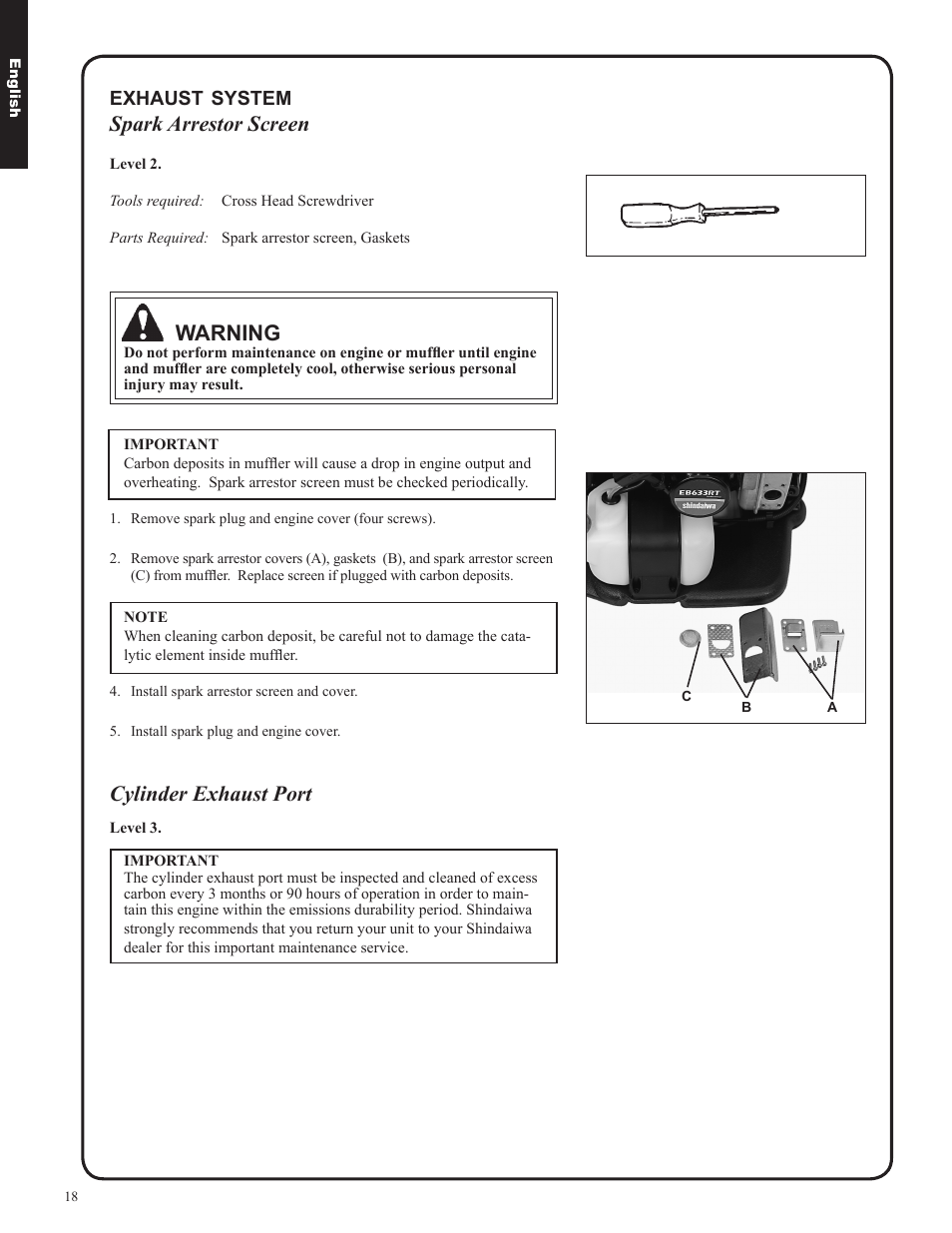 Spark arrestor screen, Warning, Cylinder exhaust port | Shindaiwa EB633RT User Manual | Page 18 / 72