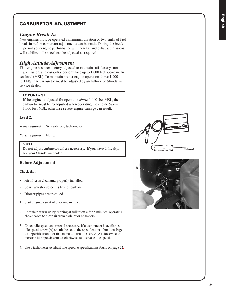 Engine break-in, High altitude adjustment | Shindaiwa EB633RT User Manual | Page 19 / 72