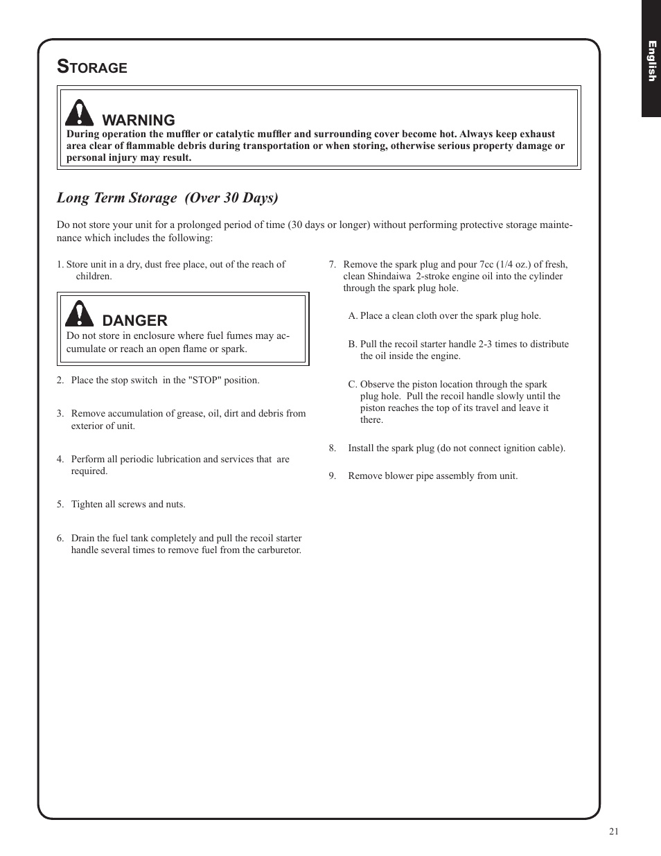 Danger, Warning, Long term storage (over 30 days) | Torage | Shindaiwa EB633RT User Manual | Page 21 / 72