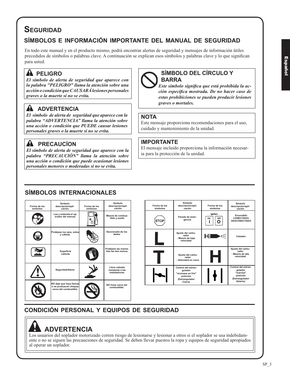 Advertencia, Símbolos, Internacionales | Condición, Personal, Equipos, Seguridad, Eguridad símbolos, Información, Importante | Shindaiwa EB633RT User Manual | Page 27 / 72