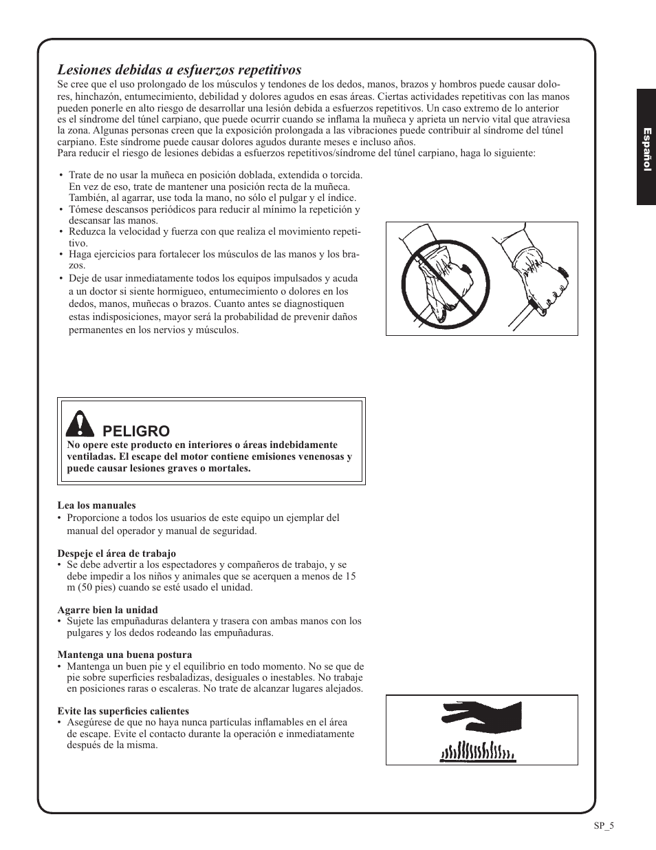 Lesiones debidas a esfuerzos repetitivos, Peligro | Shindaiwa EB633RT User Manual | Page 29 / 72