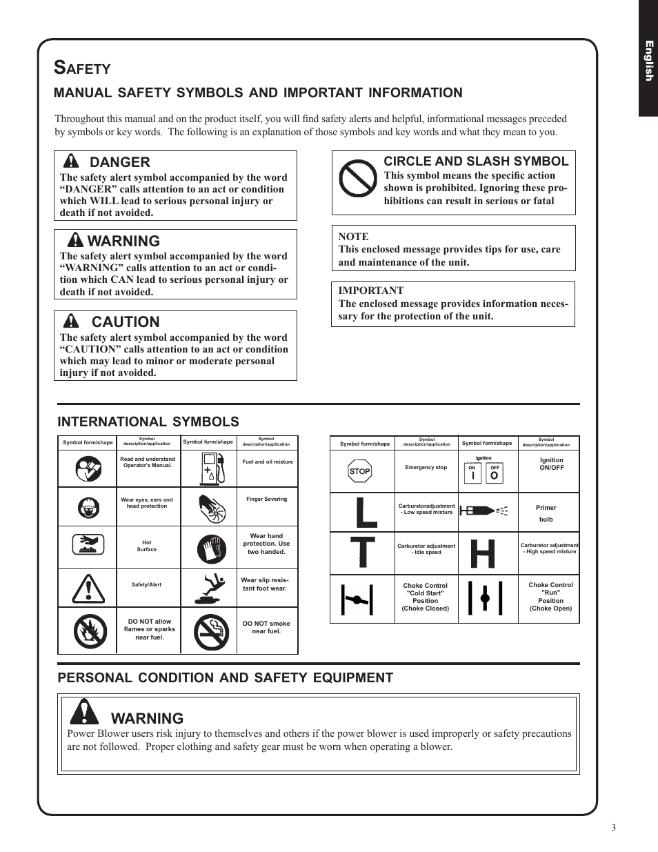 Warning, Caution, Danger | International, Symbols, Personal, Condition, Safety, Equipment, Afety manual | Shindaiwa EB633RT User Manual | Page 3 / 72