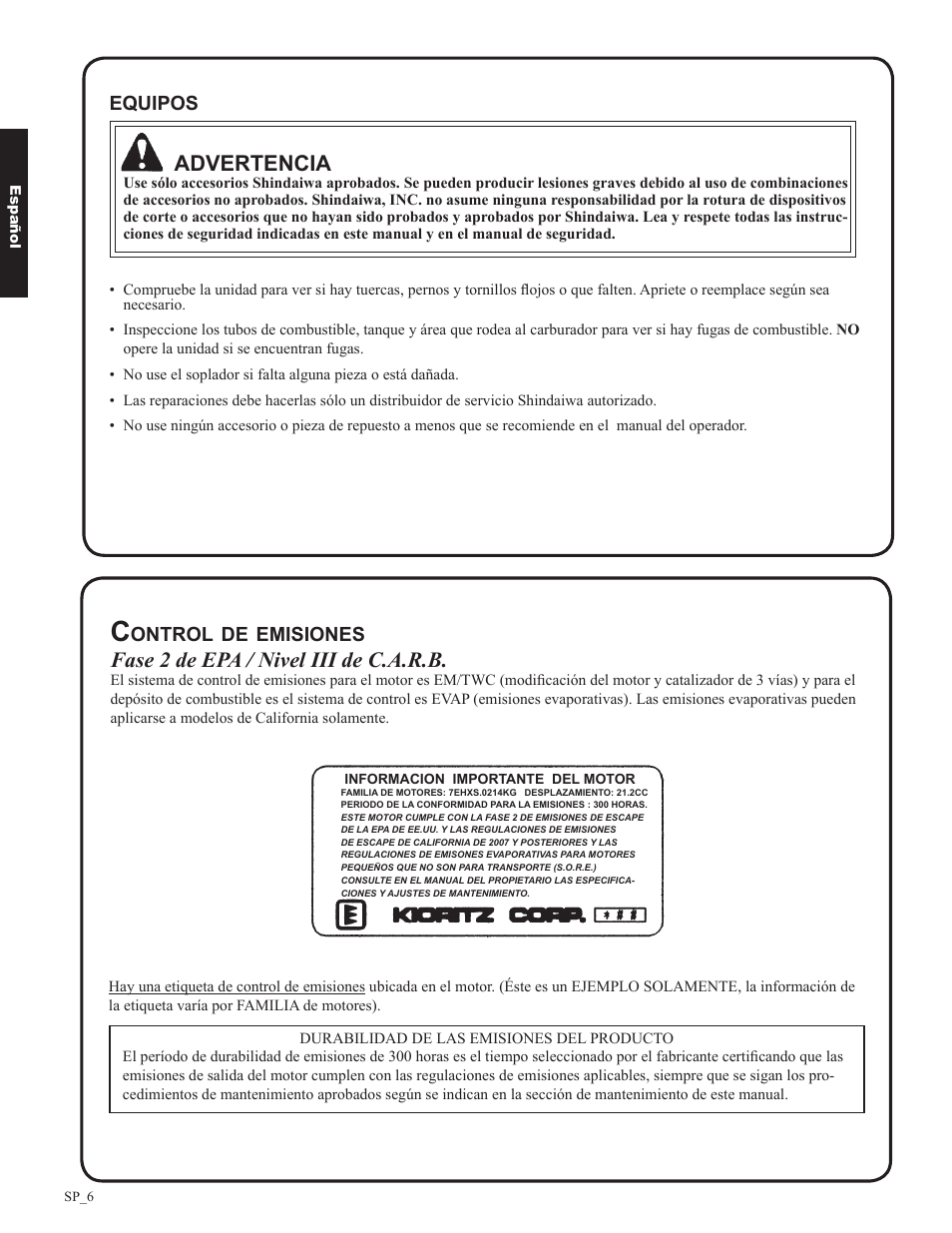 Advertencia, Fase 2 de epa / nivel iii de c.a.r.b | Shindaiwa EB633RT User Manual | Page 30 / 72