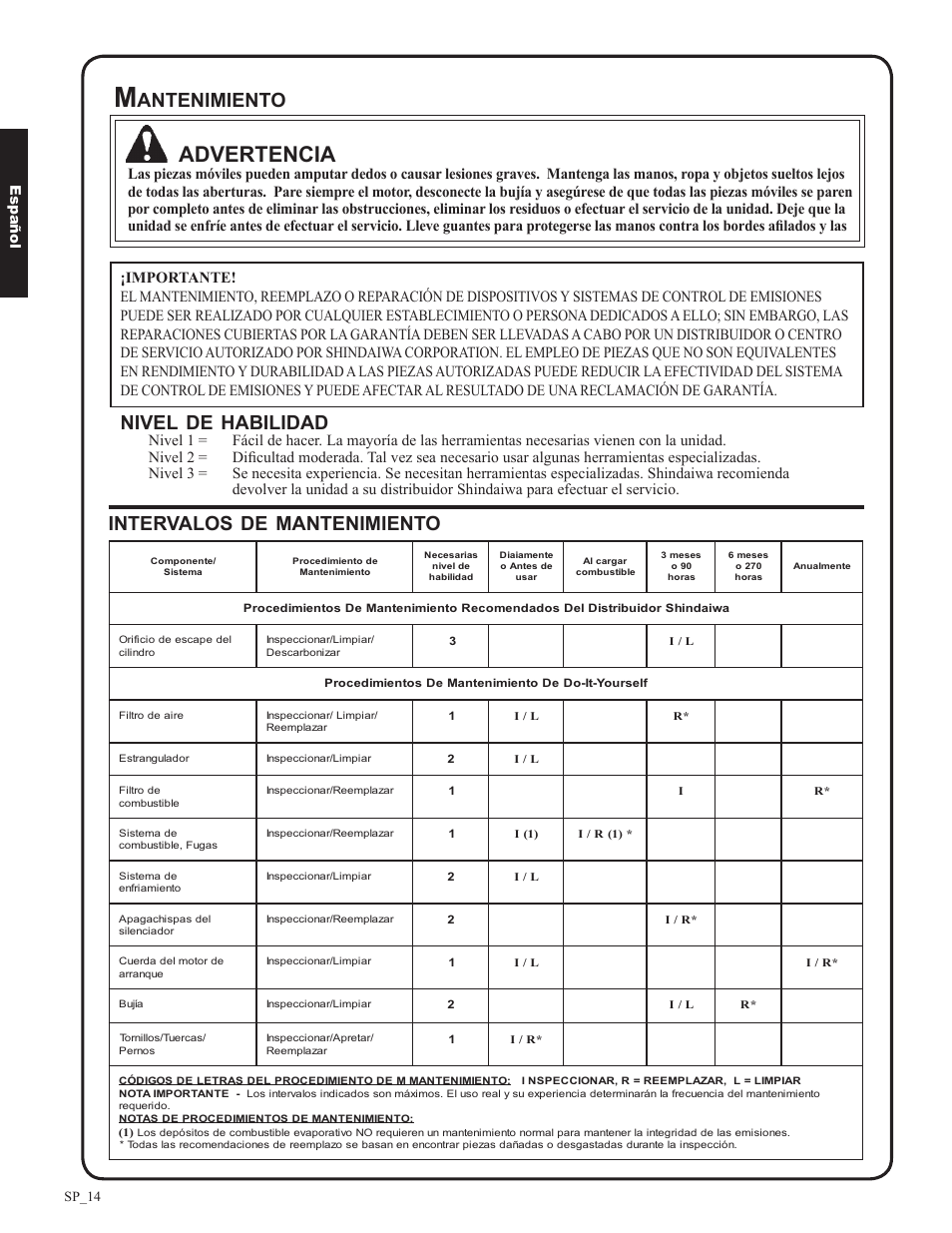 Advertencia, Intervalos, Mantenimiento | Antenimiento, Nivel, Habilidad, Sp_14 español | Shindaiwa EB633RT User Manual | Page 38 / 72