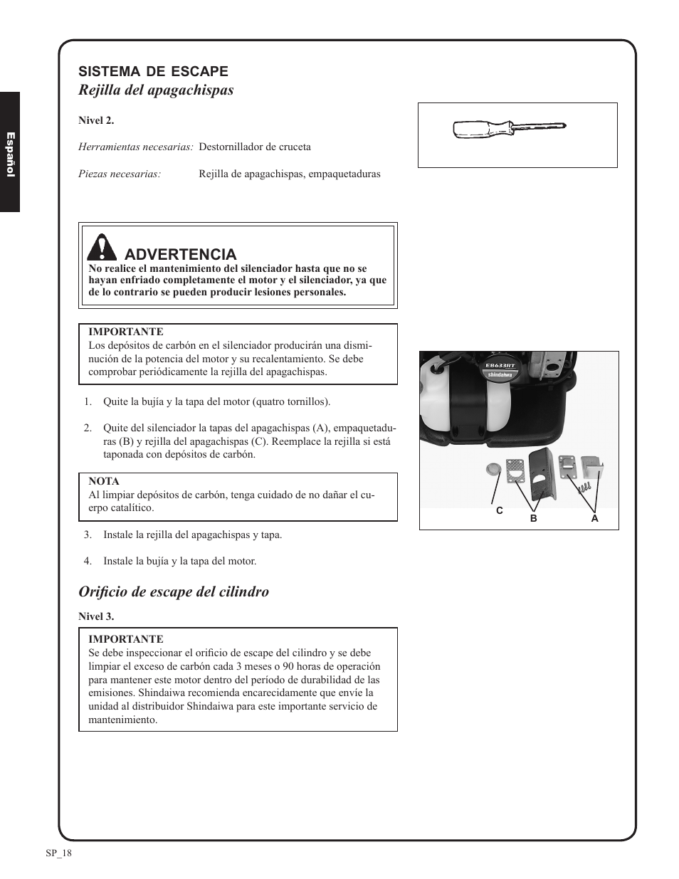 Rejilla del apagachispas, Advertencia, Orificio de escape del cilindro | Shindaiwa EB633RT User Manual | Page 42 / 72