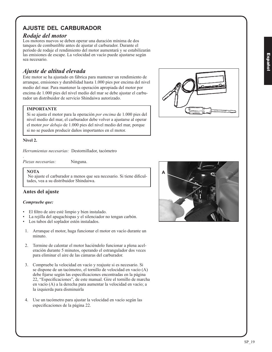 Rodaje del motor, Ajuste de altitud elevada | Shindaiwa EB633RT User Manual | Page 43 / 72