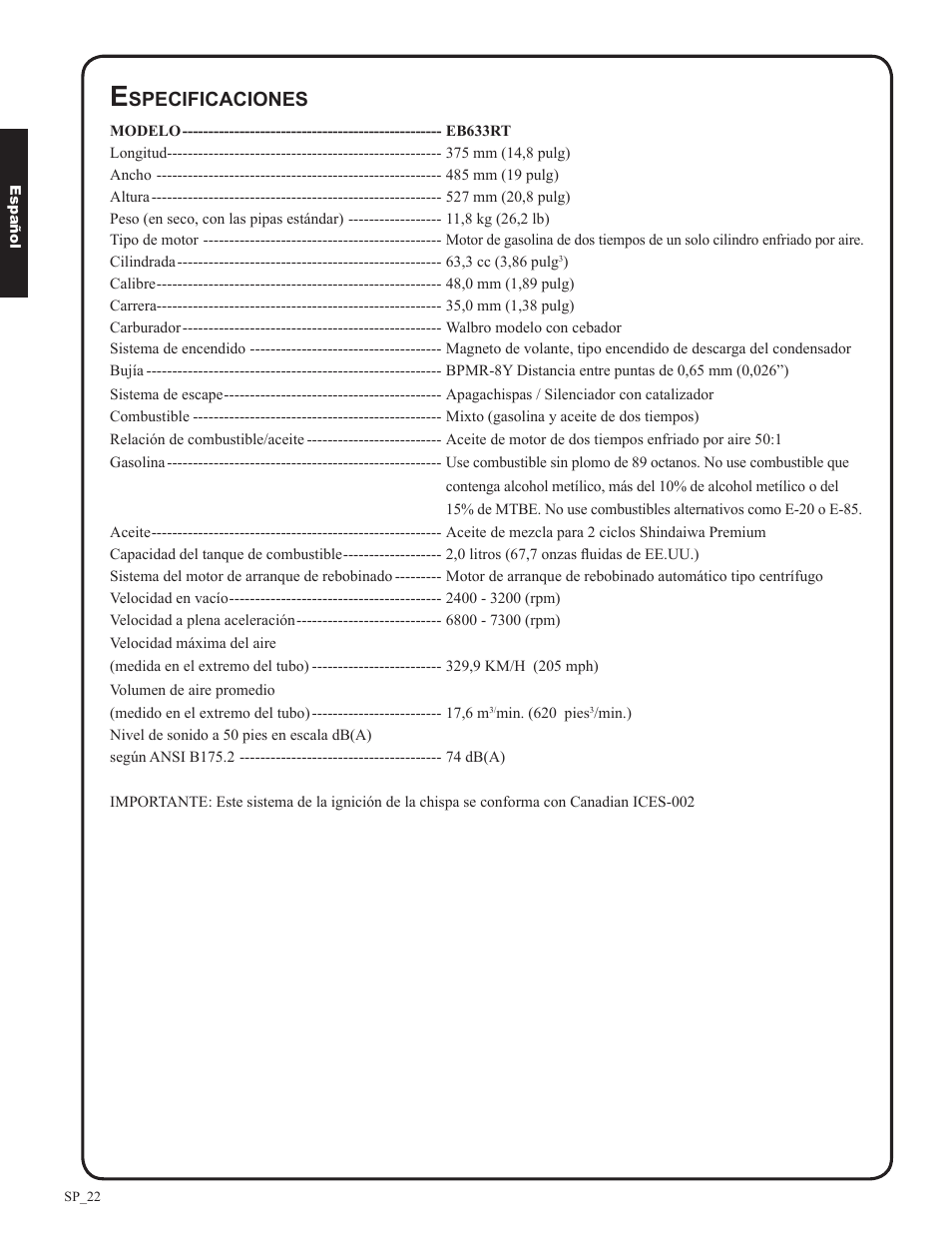 Specificaciones | Shindaiwa EB633RT User Manual | Page 46 / 72