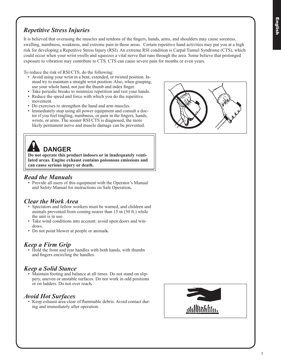 Danger, Read the manuals, Clear the work area | Keep a firm grip, Keep a solid stance, Avoid hot surfaces, Repetitive stress injuries | Shindaiwa EB633RT User Manual | Page 5 / 72