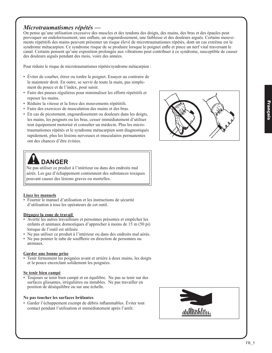 Microtraumatismes répétés, Danger | Shindaiwa EB633RT User Manual | Page 53 / 72