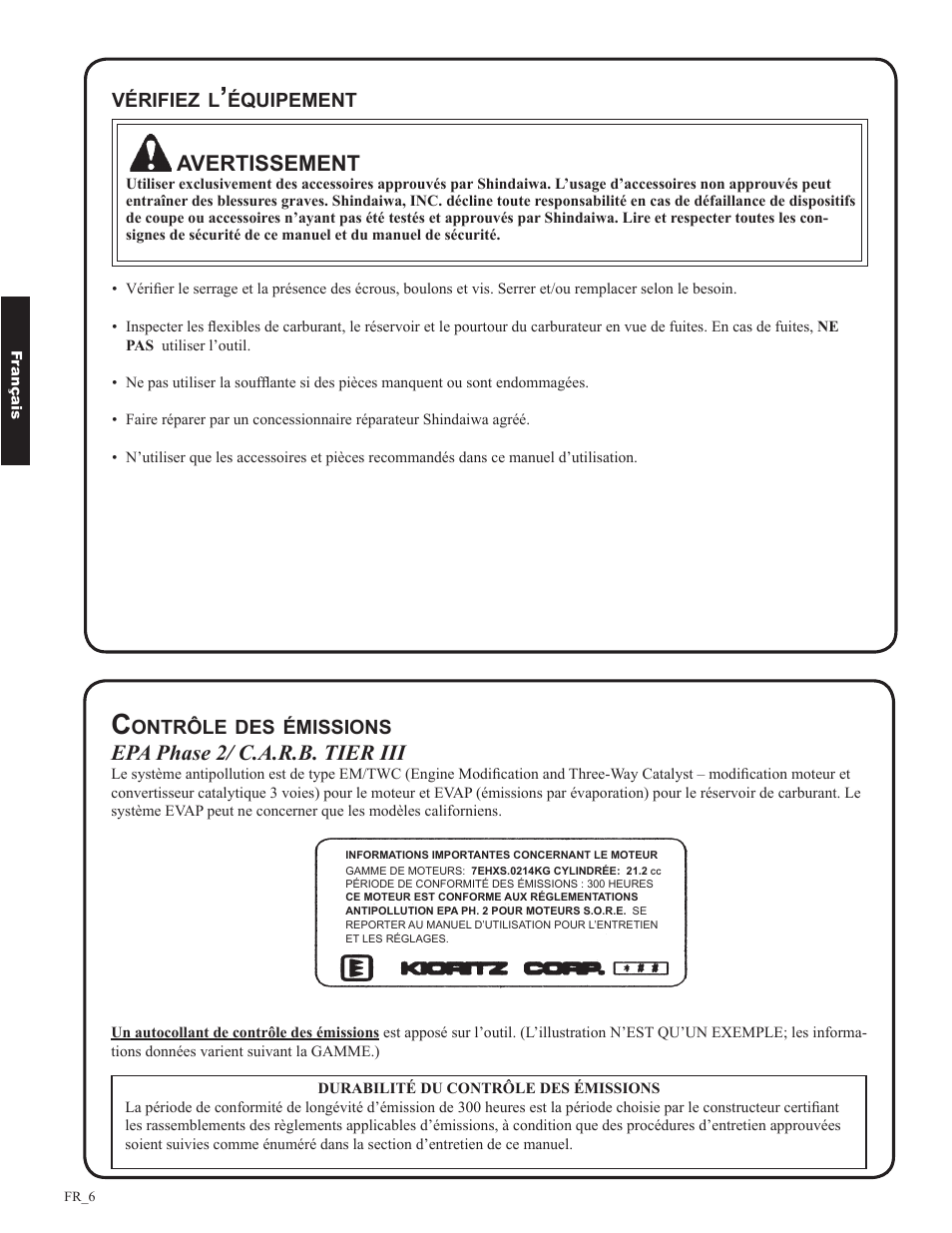 Avertissement, Epa phase 2/ c.a.r.b. tier iii | Shindaiwa EB633RT User Manual | Page 54 / 72