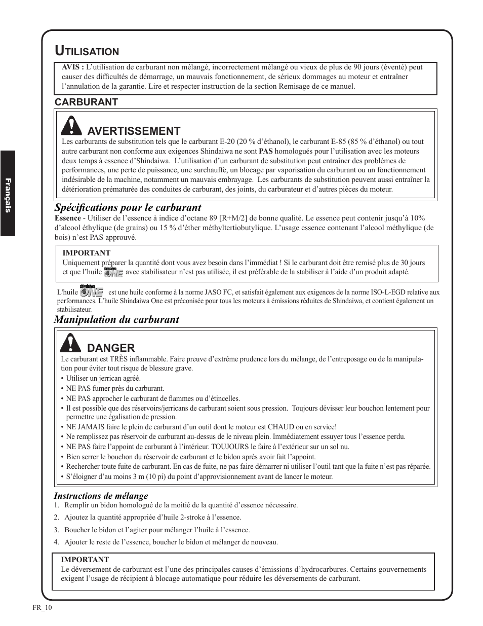 Avertissement, Spécifications pour le carburant, Manipulation du carburant danger | Shindaiwa EB633RT User Manual | Page 58 / 72