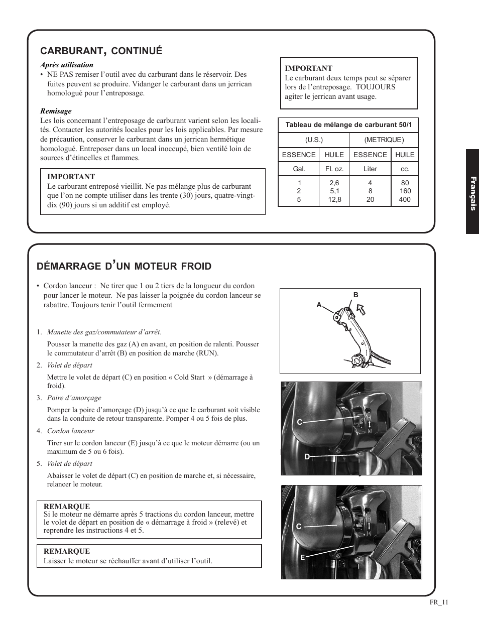 Carburant, Continué, Démarrage | Moteur, Froid | Shindaiwa EB633RT User Manual | Page 59 / 72