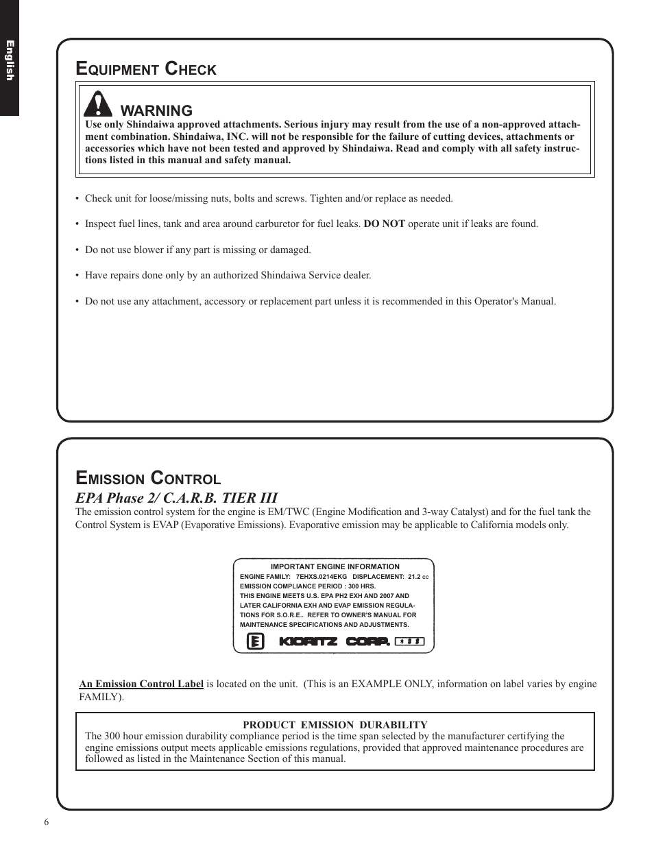 Warning, Epa phase 2/ c.a.r.b. tier iii | Shindaiwa EB633RT User Manual | Page 6 / 72