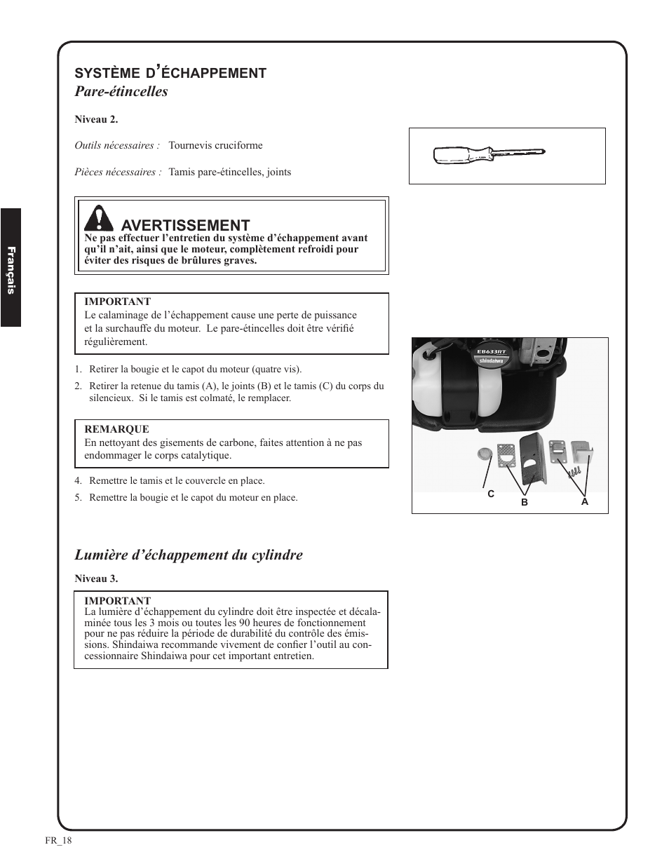 Pare-étincelles, Avertissement, Lumière d’échappement du cylindre | Shindaiwa EB633RT User Manual | Page 66 / 72