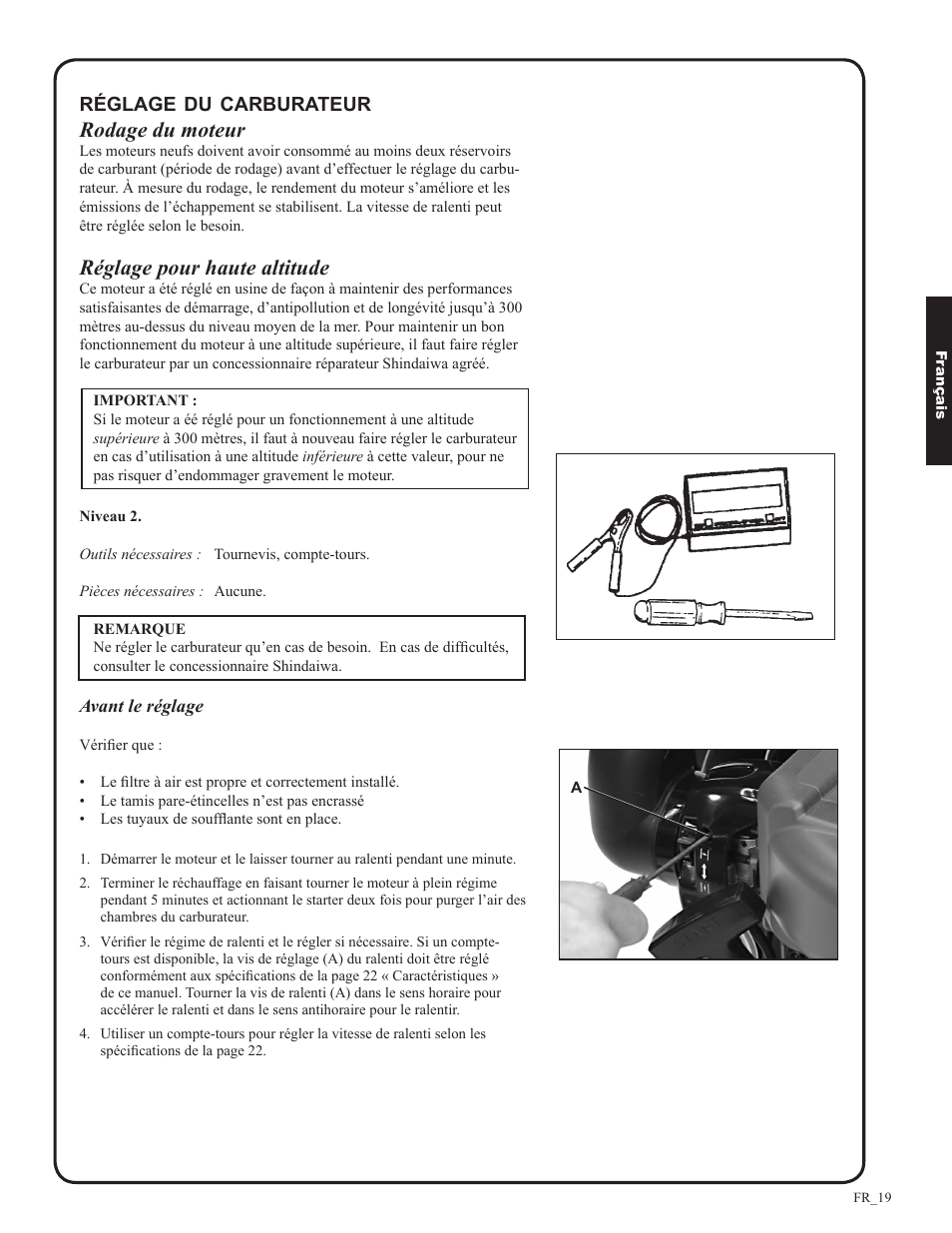 Rodage du moteur, Réglage pour haute altitude | Shindaiwa EB633RT User Manual | Page 67 / 72