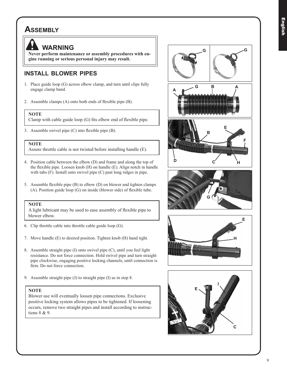 Warning, Install, Blower | Pipes, Ssembly | Shindaiwa EB633RT User Manual | Page 9 / 72